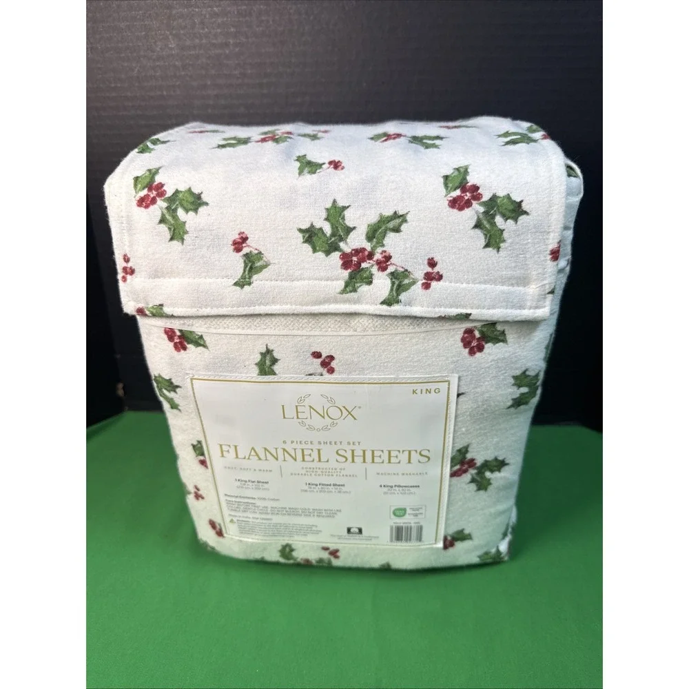 Lenox 6 Piece Flannel Sheet Set King Holly Green 100% Cotton Holiday Bedding